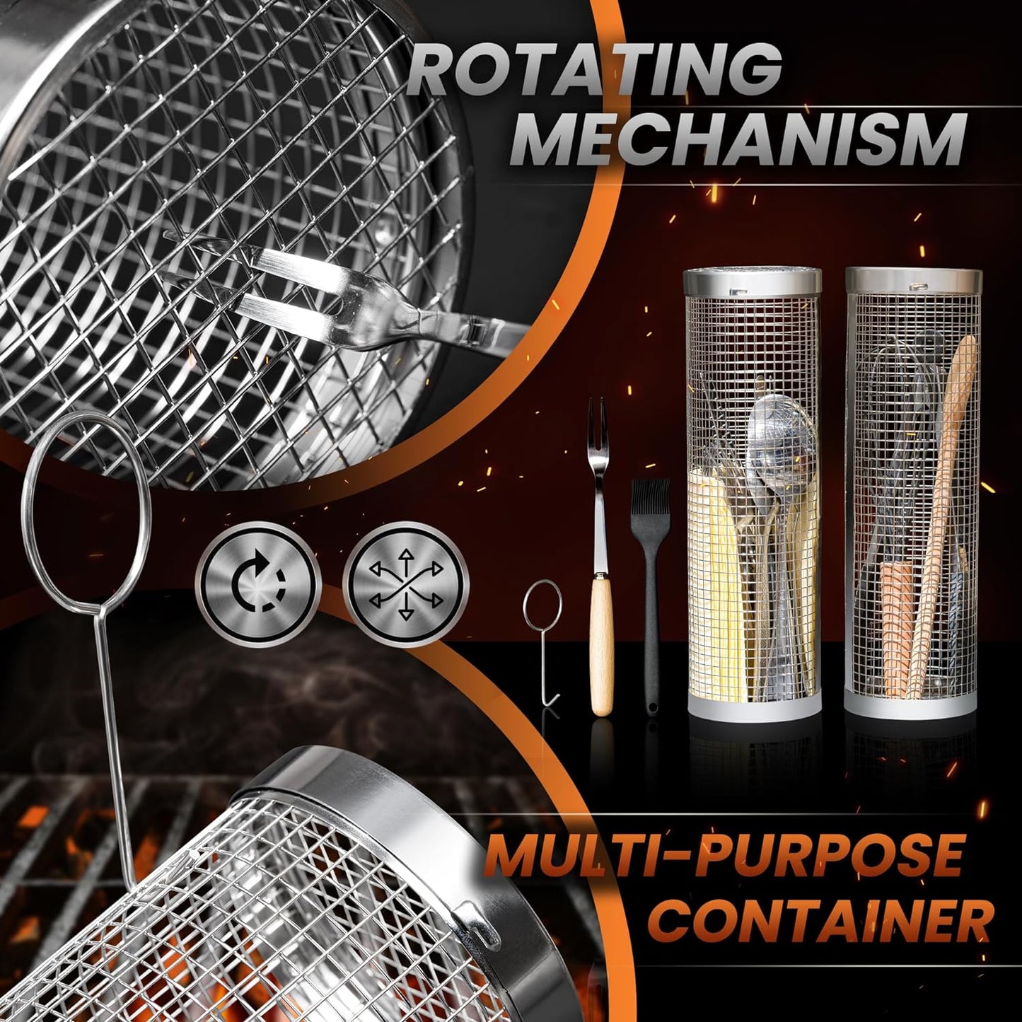 Rolling Grill Basket Set - Two BBQ Grilling Baskets, One Oil Brush, Fork and Hook. BBQ Grilling Accessories Set - Perfect Grill Accessories for Outdoor Grill or Campfire Grill Grate, Grill Pan Grill Tools Grilling Gifts