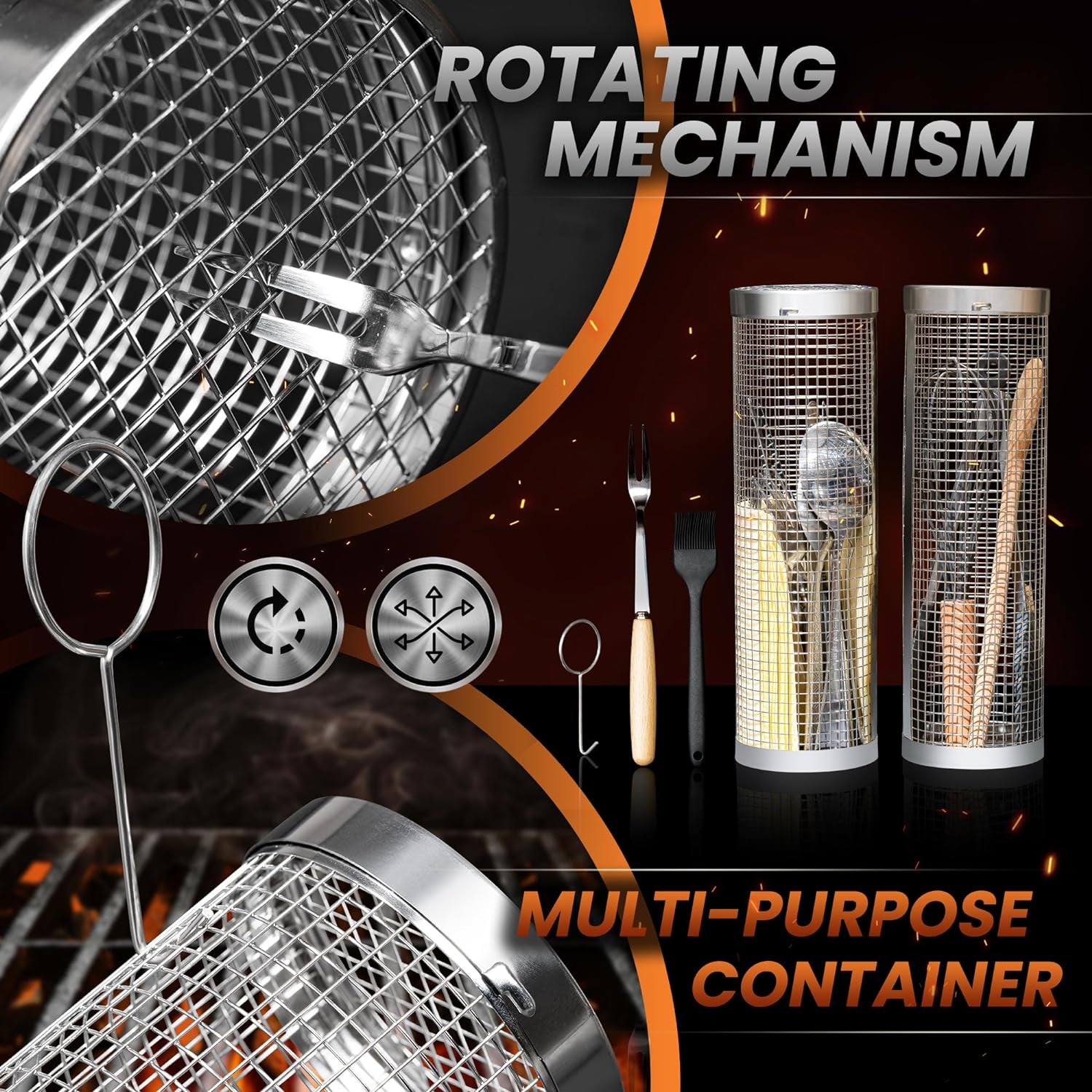 Rolling Grill Basket Set - Two BBQ Grilling Baskets, One Oil Brush, Fork and Hook. BBQ Grilling Accessories Set - Perfect Grill Accessories for Outdoor Grill or Campfire Grill Grate, Grill Pan Grill Tools Grilling Gifts