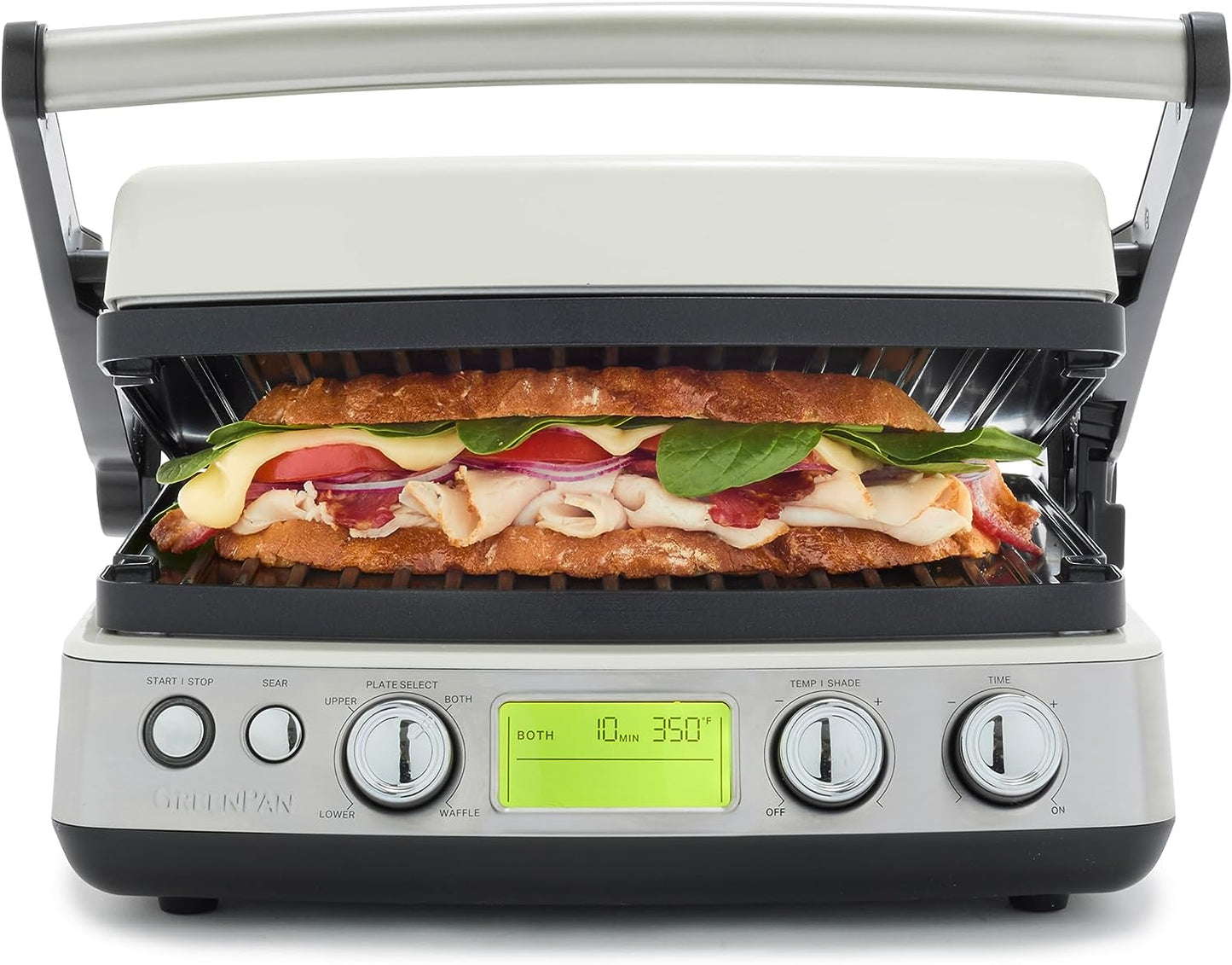 Elite 7-In-1 Multi-Function Contact Grill & Griddle, Healthy Ceramic Nonstick Aluminum, Two Sets of Grill & Waffle Plates, Adjustable Shade & Shear, Closed Press/Open Flat Surface,Cream White