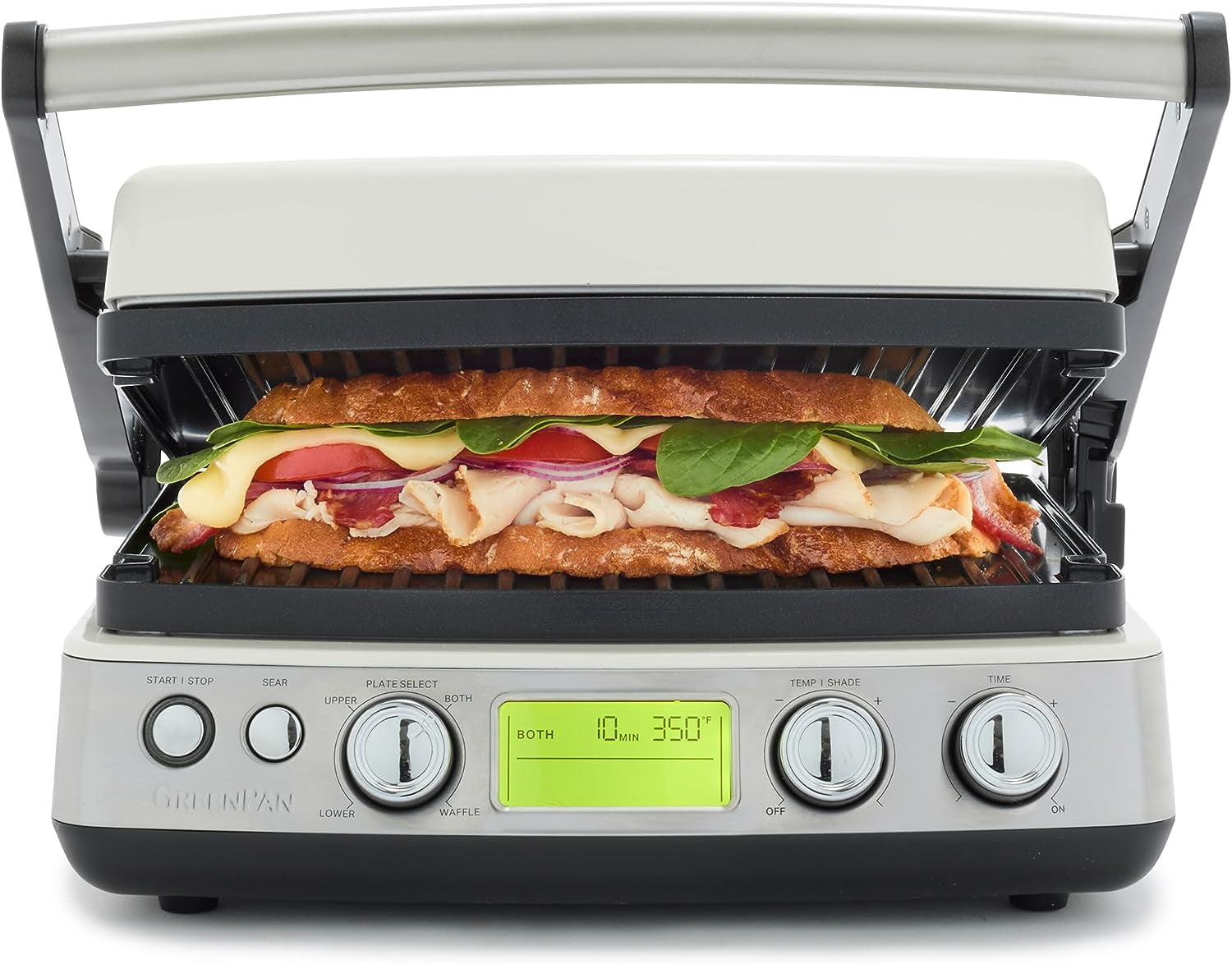Elite 7-In-1 Multi-Function Contact Grill & Griddle, Healthy Ceramic Nonstick Aluminum, Two Sets of Grill & Waffle Plates, Adjustable Shade & Shear, Closed Press/Open Flat Surface,Cream White