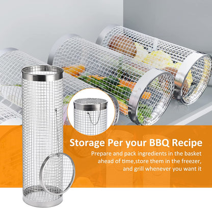 Grill Basket 2 PCS, BBQ Grill Basket, Rolling Grilling Basket, Stainless Steel Grill Mesh Barbeque Grill Accessories, Portable Grill Baskets for Outdoor Grill for Fish, Shrimp, Meat, Vegetables, Fries