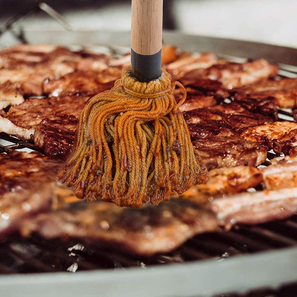 Amosfun Mop Grill Basting Mop 2Pcs Long Wood Handle BBQ Sauce Brushes Cotton Fiber Heads Barbecue Mop for Roasting Grilling Steak Brush