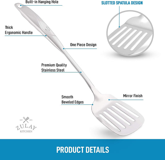 Zulay Kitchen Heavy Duty Stainless Steel Metal Spatula - 14.8" Stainless Steel Spatula for Cooking - Spatula Stainless Steel for Frying - Ergonomic Easy Grip Handle - Slotted Turner Grill Spatula