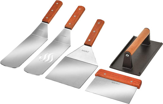 Only Fire Professional Barbecue Tool Kit Grill Griddle Tools Flat Top Griddle Accessories for Camping, Outdoor Hibachi, Backyard-Set of 5