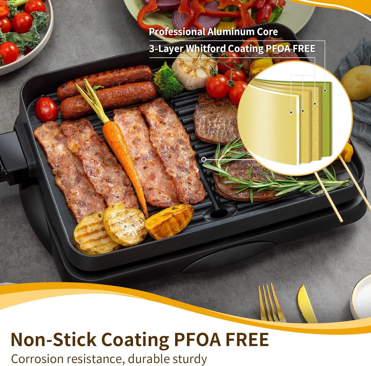 Electric Indoor Grill Korean BBQ Grill Nonstick Smokeless 1500W Detachable Contact Grilling with Smart 5-Heat Temp Controller,Family Size Fast Heat up Tabletop Plate Pfoa-Free Black