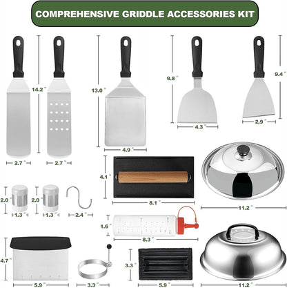 24Pcs Griddle Accessories Set, Stainless Steel Flat Top Grill Spatula Kit for Outdoor Barbecue Camping Cooking, Included Basting Cover, Scraper, Cast Iron Grill Press, Carrying Bag