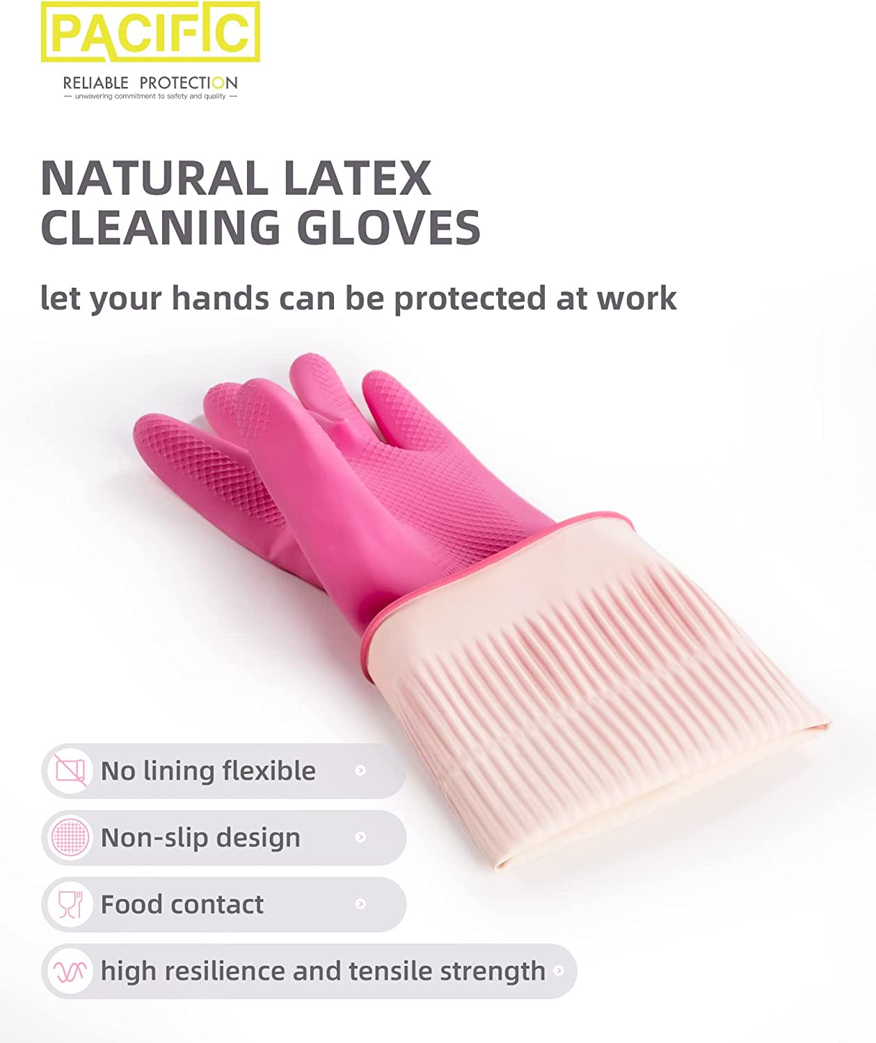 PACIFIC 2 Pairs Dishwashing Cleaning Rubber Gloves, Reusable Waterproof Kitchen Gloves, Non-Slip, Small