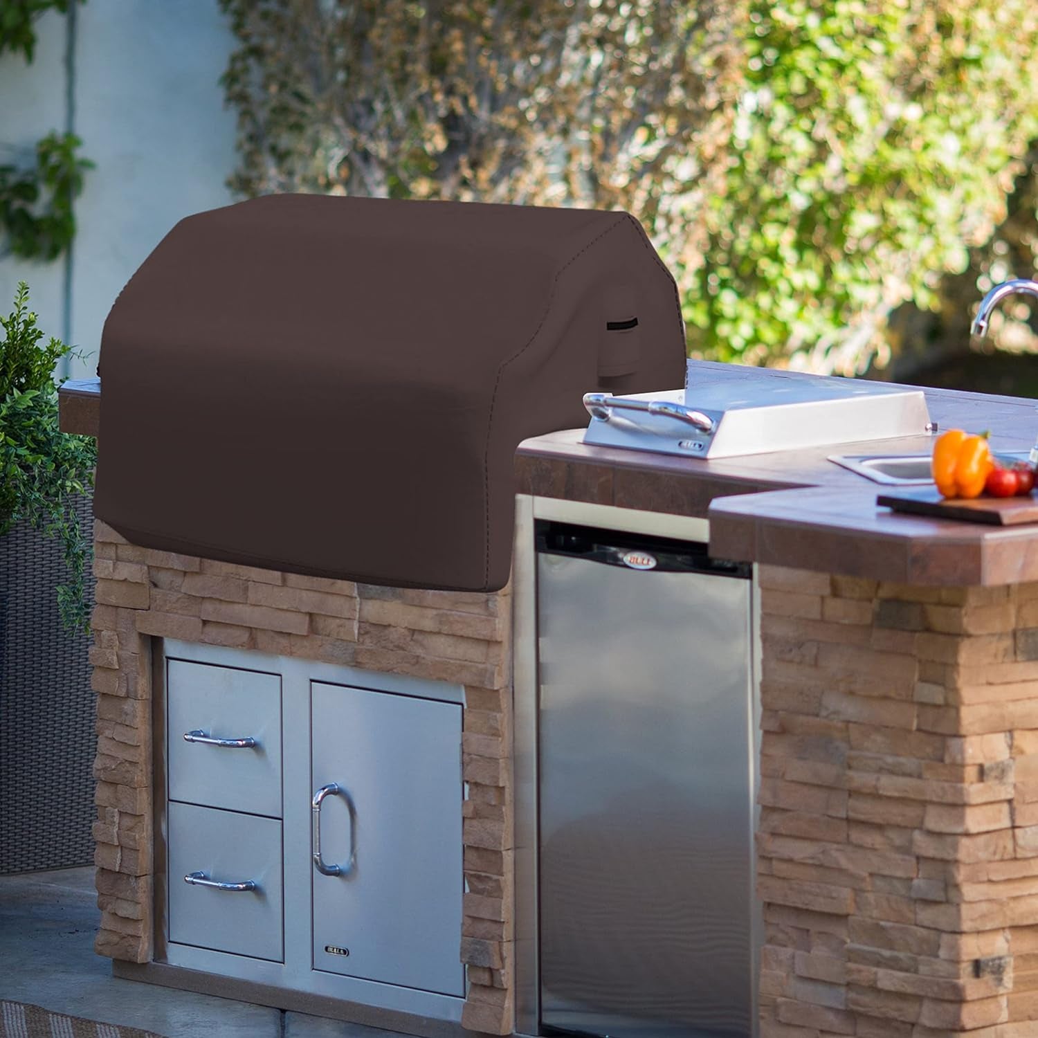 Built-In Grill Cover Made of 12 Oz Waterproof Fabric with Air Pocket & Elastic for Snug Fit (36" W X 26" D X 24" H, Coffee)