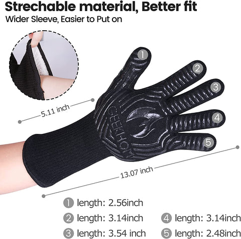 Image of BBQ Gloves,1472℉ Heat Resistant Grill Gloves, EN407 Certified 13 Inch Grilling Gloves for Smoker, Baking, Cooking, Fire Pit (Black-Flames Texture)