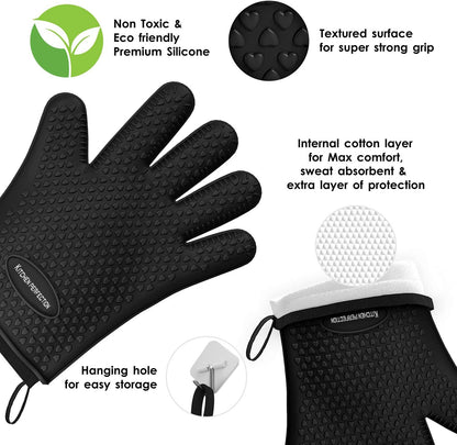 Silicone Smoker Oven Gloves -Extreme Heat Resistant BBQ Gloves -Handle Hot Food Right on Your Smoker Grill Fryer Pit|Waterproof Oven Mitts Grill Gloves |Superior Value Set+3 Bonuses