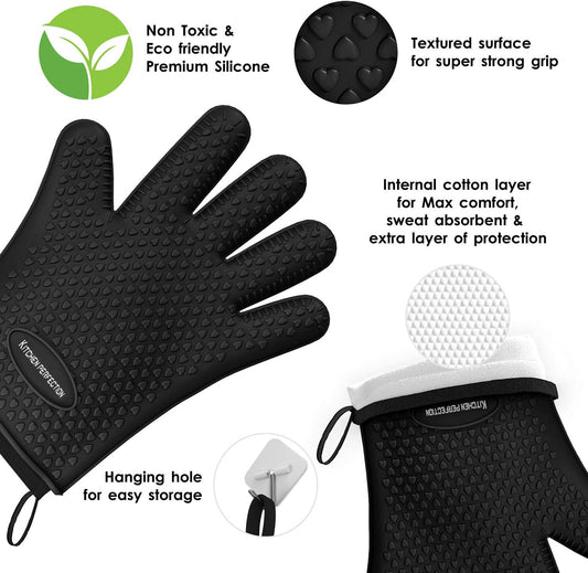 Silicone Smoker Oven Gloves -Extreme Heat Resistant BBQ Gloves -Handle Hot Food Right on Your Smoker Grill Fryer Pit|Waterproof Oven Mitts Grill Gloves |Superior Value Set+3 Bonuses