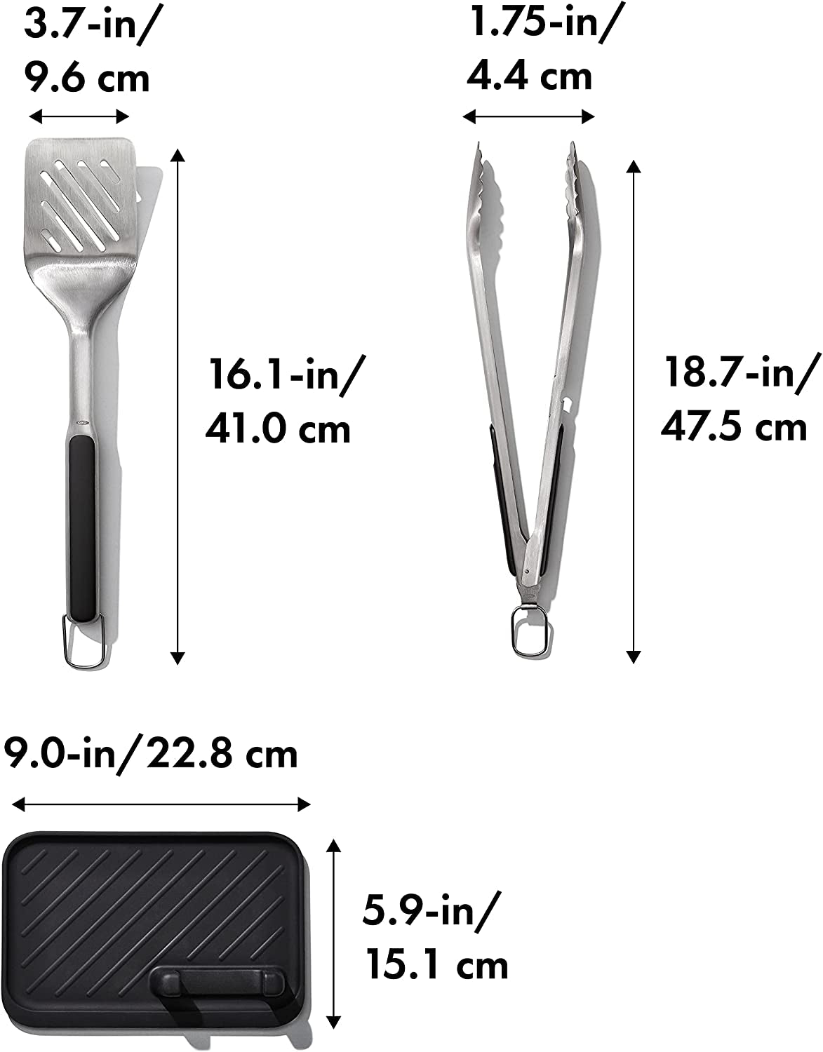 Good Grips Grilling, 3Pc Set - Tongs, Turner and Tool Rest, Black