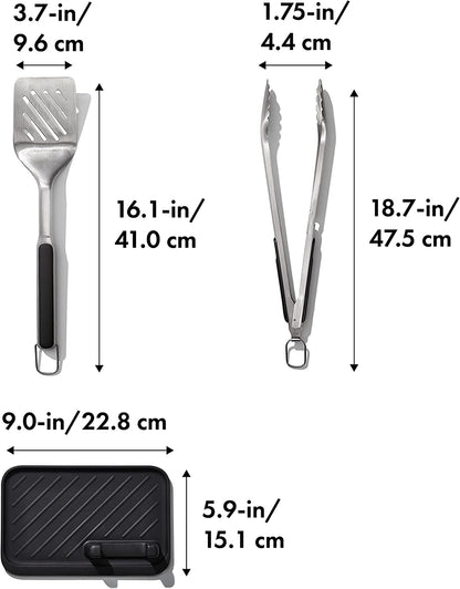 Good Grips Grilling, 3Pc Set - Tongs, Turner and Tool Rest, Black