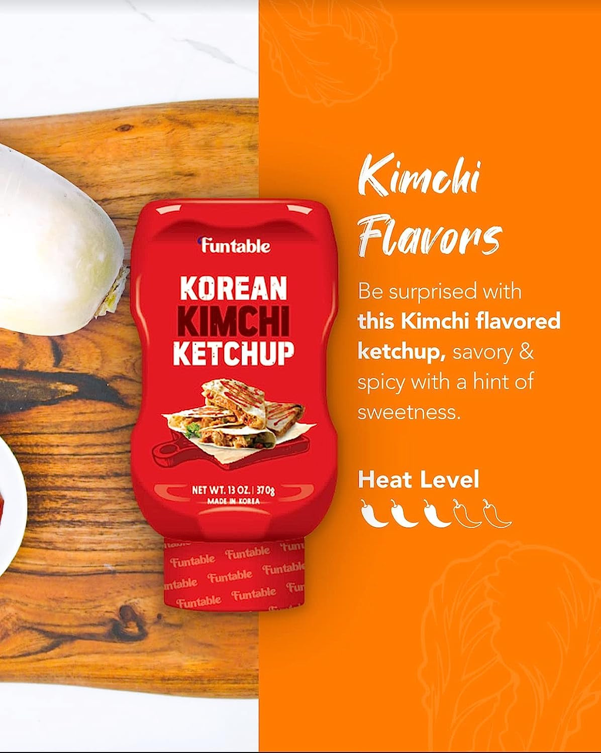 Funtable Korean Kimchi Ketchup (13Oz, Pack of 1) - Savoury & Spicy Low-Calorie Ketchup, Great Flavors, Easy-To-Use. Perfect for Chicken, Nuggets, Wings & Nachos, Tomato Sauce Alternative.