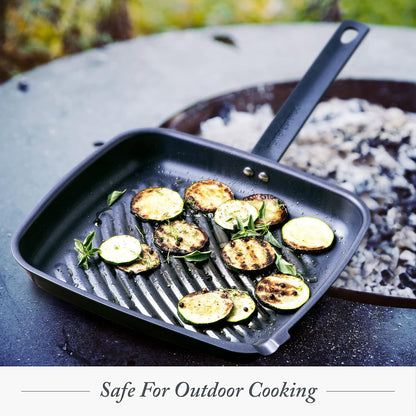Pre-Seasoned Carbon Steel Square Grill Pan, Cast Iron, Lightweight and Durable, Sear Grill Broil Fry, Indoor Outdoor Cooking, Easy to Clean, Oven Safe, Induction, Steel Handle, Black