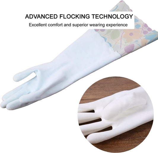 3 Pairs Rubber Cleaning Gloves, Household Kitchen Dishwashing Gloves with Cotton Flocked Liner, Long Cuff 16", Reusable, Non-Slip (Medium, Blue+Pink+White)