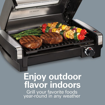 Electric Indoor Searing Grill with Viewing Window & Adjustable Temperature Control to 450F, 118 Sq. In. Surface Serves 6, Removable Nonstick Grate, Stainless Steel