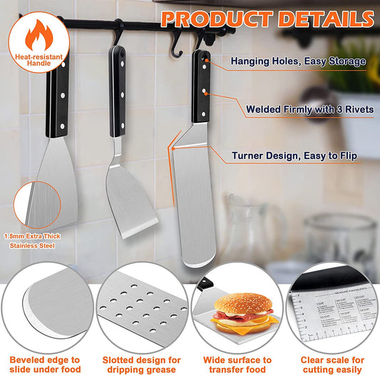18Pcs Griddle Accessories Set,  Stainless Steel Flat Top Grill Spatula Kit for Outdoor Barbecue Teppanyaki Camping Cooking, Included Melting Dome, Burger Turner, Carrying Bag and More Tools