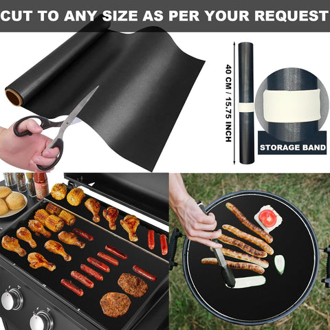 Image of BBQ Grill Mat Roll, Cut to Size Grill Mats for Outdoor Grill, Non-Stick Grill Accessories for Gas, Charcoal, Electric Grill(Black - 15.75IN X 10FT)