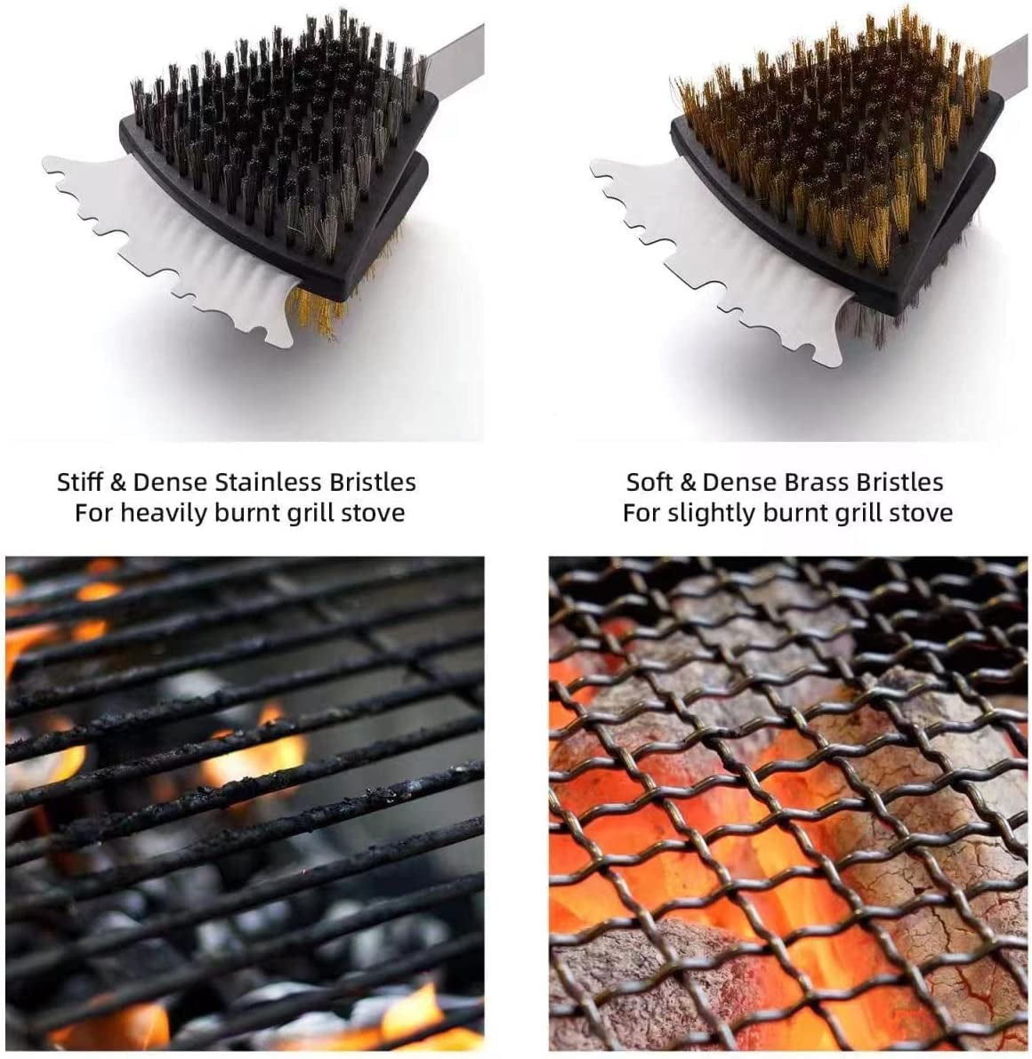 Double Sided Grill Cleaning Brush and Scraper, 16.5" BBQ Brush, Barbecue Cleaner with Stainless & Brass Bristles, Grilling Grate Cleaner, Safe Grill Accessories for Cast Iron/Stainless Steel Grate