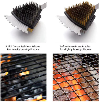 Double Sided Grill Cleaning Brush and Scraper, 16.5" BBQ Brush, Barbecue Cleaner with Stainless & Brass Bristles, Grilling Grate Cleaner, Safe Grill Accessories for Cast Iron/Stainless Steel Grate