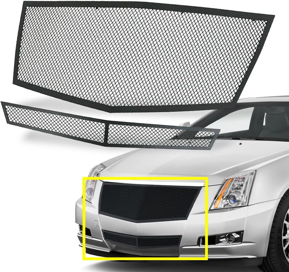 Stainless Steel Mesh Grille Compatible with 2008 2009 2010 2011 2012 2013 Cadillac CTS Black Grill Include Upper+Lower Front Grill Insert (Black Powder Coated)