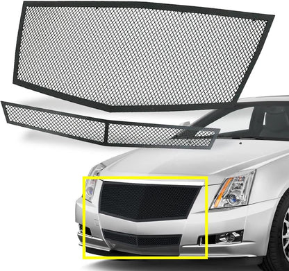 Stainless Steel Mesh Grille Compatible with 2008 2009 2010 2011 2012 2013 Cadillac CTS Black Grill Include Upper+Lower Front Grill Insert (Black Powder Coated)