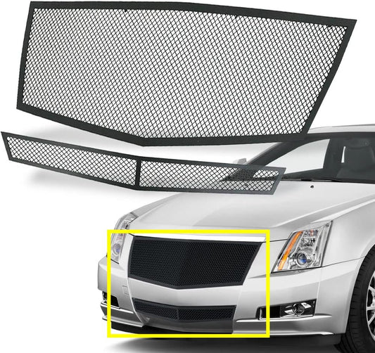Stainless Steel Mesh Grille Compatible with 2008 2009 2010 2011 2012 2013 Cadillac CTS Black Grill Include Upper+Lower Front Grill Insert (Black Powder Coated)