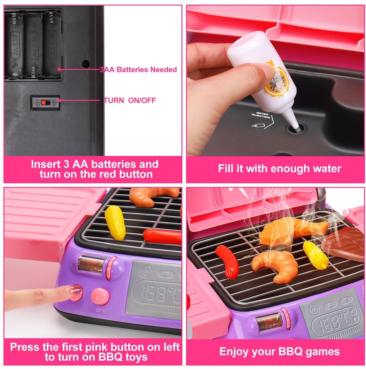 Kids BBQ Grill Playset with Smoke Sound Light Play Kitchen Set Age 3-5 4-8 Pretend Food Barbecue Cooking Toy for 2 3 4 5 6 Year Old Girl Birthday Gift