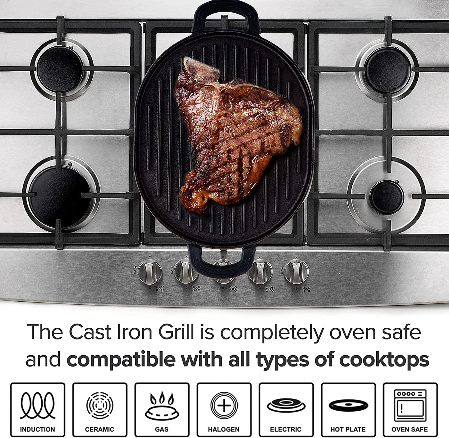 Cast Iron Grill, 12.42”X10.21” Non-Stick Grilling Surface, Deep Grill Ridges, Pre-Seasoned, Stay-Cool Silicone Handles, Easy-To-Clean, Oven Safe, Stovetop, BBQ, Fire & Smoker, Induction-Ready