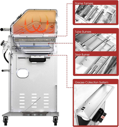 GA4402S Stainless Steel 4-Burner BBQ Propane Gas Grill, 54000 BTU Cabinet Style Gas Grill with Sear Burner and Side Burner Perfect Patio Garden Picnic Backyard Party Silver