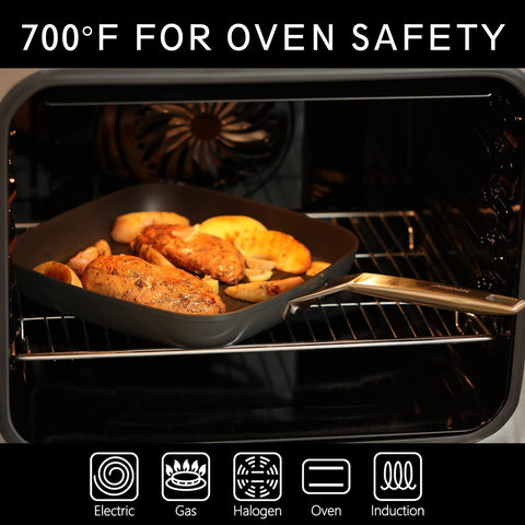 Image of Square Grill Pan with Lid, Stay-Cool Handle, Each Ridge Nonstick, Oven Safe Dishwasher Safe Induction Grill Pans for Stove Tops, Square Frying Pan, Bacon Pan, Indoor Chicken Skillet, 11-Inch