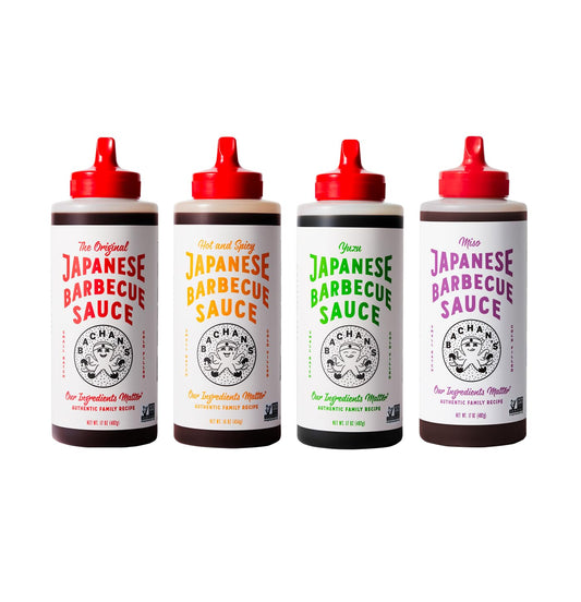 Bachan'S Variety Pack Japanese Barbecue Sauce, (1) Original, (1) Hot and Spicy, (1) Yuzu, (1) Miso, BBQ Sauce for Wings, Chicken, Beef, Pork, Seafood, Noodles, and More, Non GMO, No Preservatives, Vegan, BPA Free.