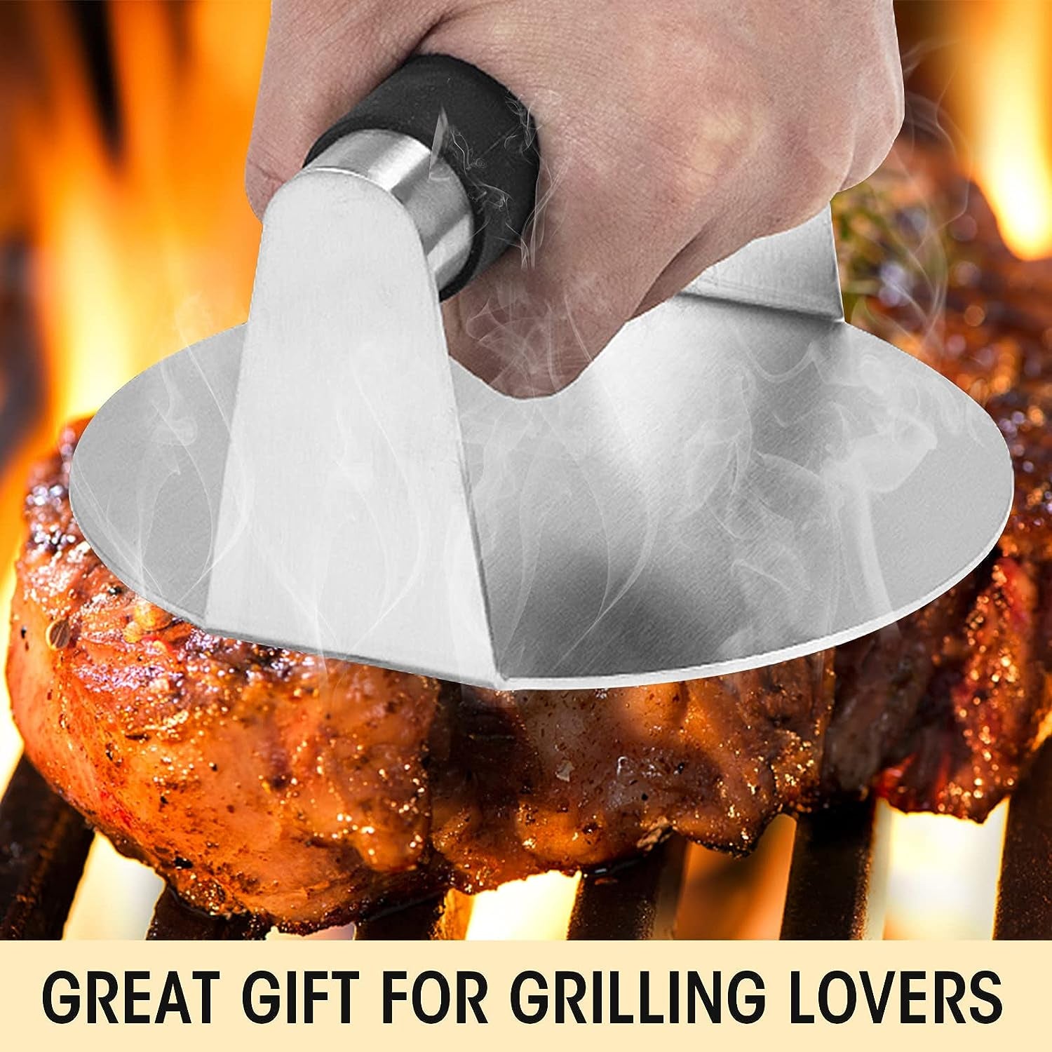 PMYEK Burger Press with Anti-Scald Handle, 5.5 Inch Stainless Steel Burger Smasher, round Non-Stick Hamburger Press for Griddle, Griddle Accessories Kit for Flat Grill Cooking