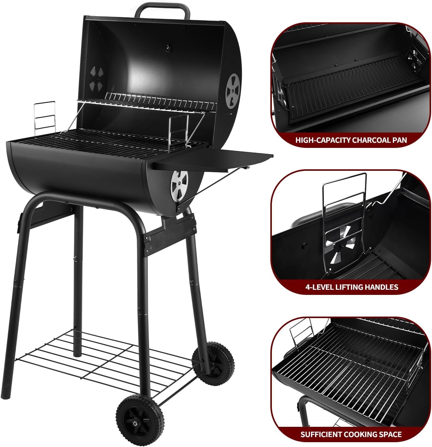Charcoal Grills Outdoor BBQ Grill, Barrel Charcoal Grill with Side Table, with Nearly 500 Sq.In. Cooking Grid Area, Outdoor Backyard Camping Picnics, Patio and Parties, Black by