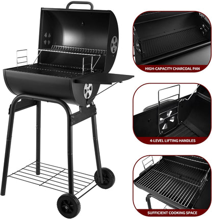 Charcoal Grills Outdoor BBQ Grill, Barrel Charcoal Grill with Side Table, with Nearly 500 Sq.In. Cooking Grid Area, Outdoor Backyard Camping Picnics, Patio and Parties, Black by