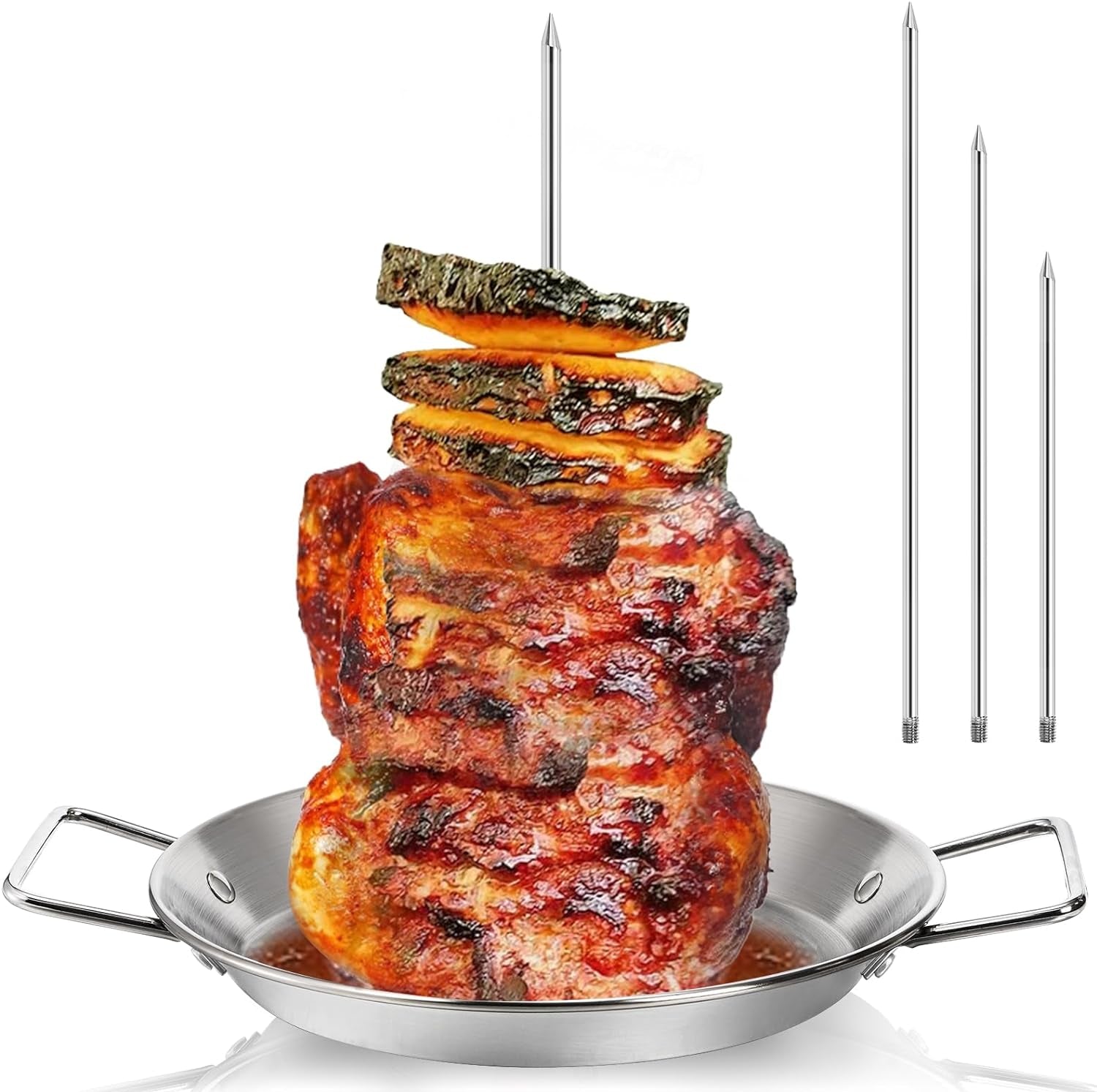 Noamus Vertical Skewer for Grill, Stainless Steel Stand Skewer, Pastor Skewer with Removable 3 Size Spikes (8", 10", 12"), Tacos Gyros-Bbq Grilling Pan Accessory for Smoker Kamado Grill Oven Dishes