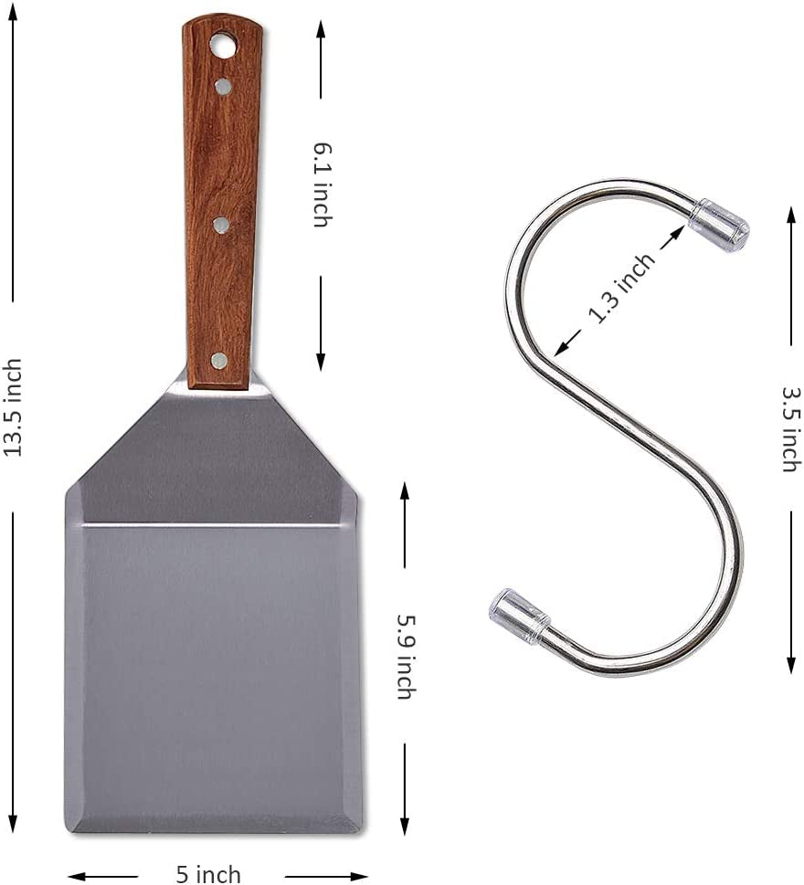 Stainless Steel Griddle Hamburger Spatula with Strong Wooden Handle, 13.5 X 5 Inches, Heavy Duty Spatula Turner with a Hook, Great for Pancake Flipper, Fish, Eggs, Burgers, Omelet and More