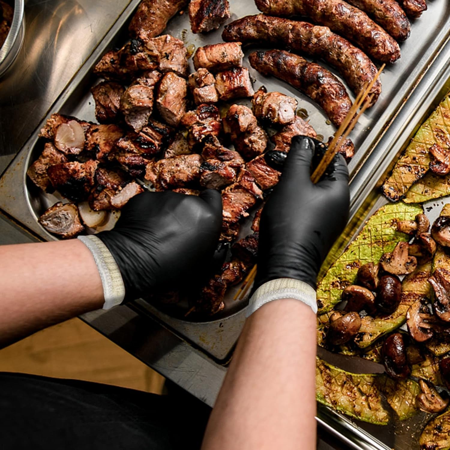 BBQ Gloves Kit with 2 Pairs of Reusable Heat Resistant Grilling Gloves Liner and 100 Pieces Disposable Nitrile Gloves for Outdoor Cooking and Barbecue, Black, X-Large