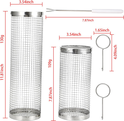 Image of Round Grill Baskets for Outdoor Grilling BBQ Net Tube | Rolling Stainless Steel Grill Basket Campfire Grill Grid | Camping Picnic Cookware 2 Pack Set (L(11.81") +M(7.87") Set, X 2)