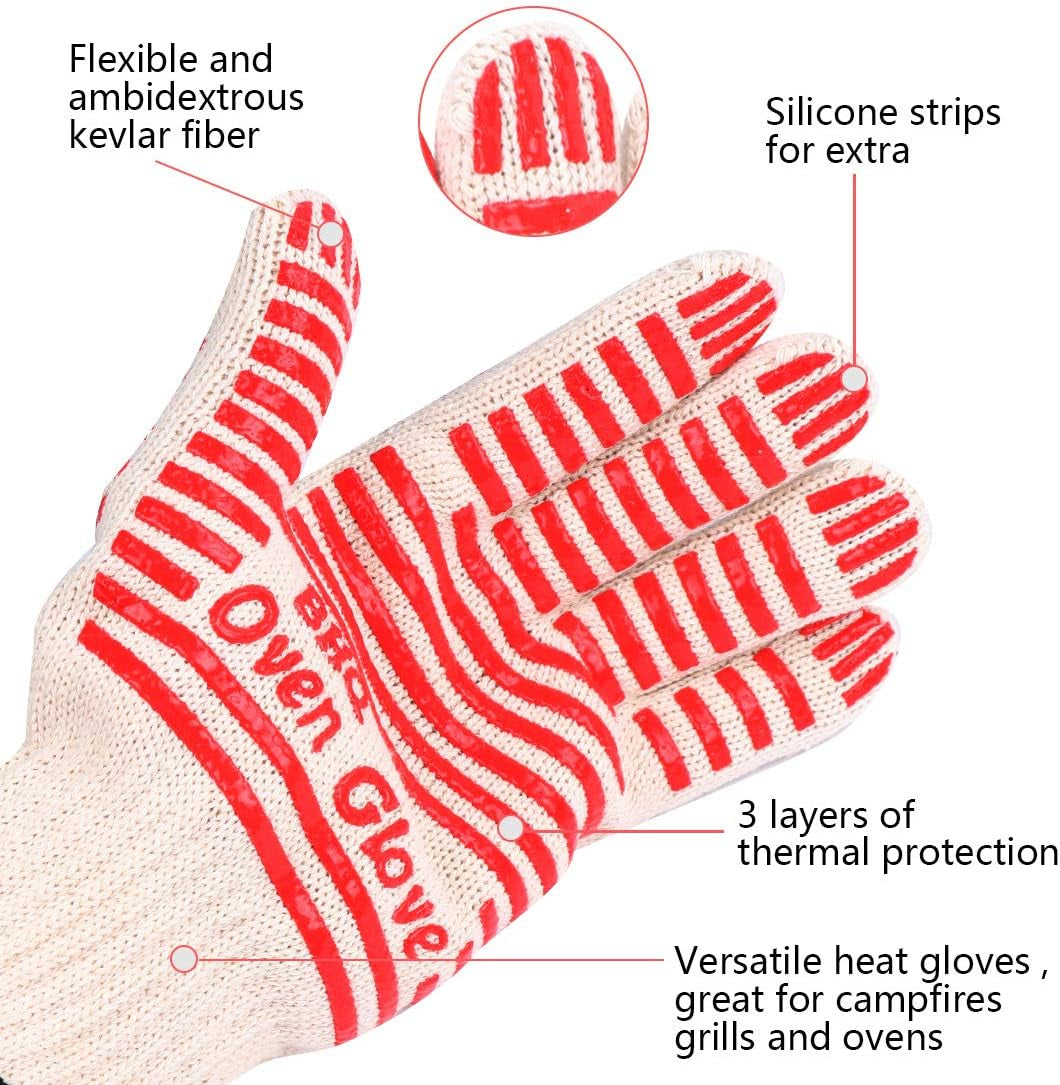 Oven Gloves Oven Mitts Heat Resistant Oven Mitts with Fingers, Cooking Gloves for BBQ, Grilling, Baking,Cutting, Welding, Smoker Fireplace，2 Pack (Red)