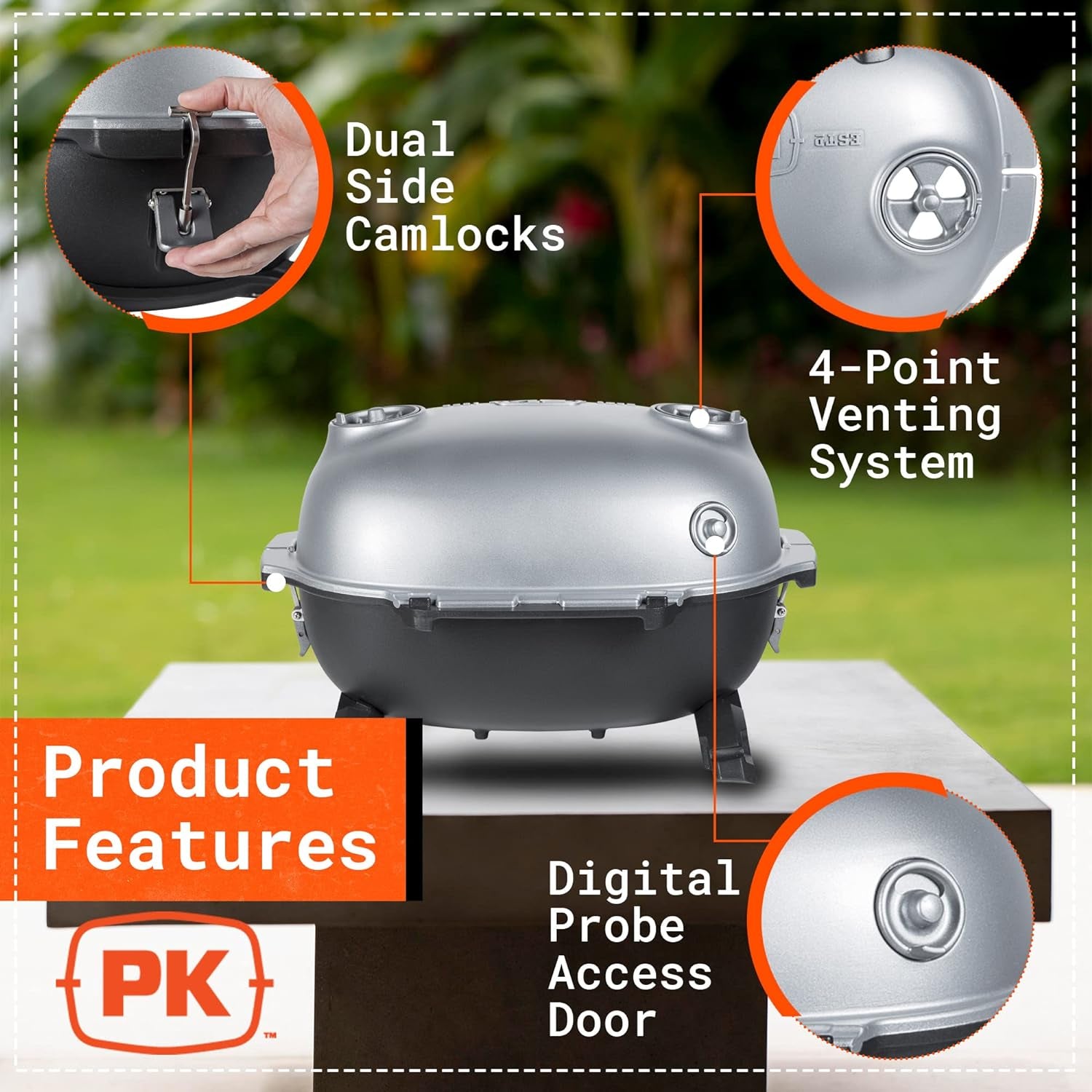 PK Grills Portable Charcoal BBQ Grill and Smoker with Lid, Cast Iron Aluminum Outdoor Kitchen Cooking Mini Small Barbecue Grill for Camping, Backyard Grilling, Park, Tailgating, Grey PK PK200-SFL