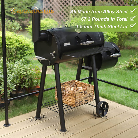 Image of Captiva Designs Charcoal Grill with Offset Smoker, All Metal Steel Made Outdoor Smoker, 512 Sq.In Cooking Area, Best Combo for Outdoor Garden Patio and Backyard Cooking