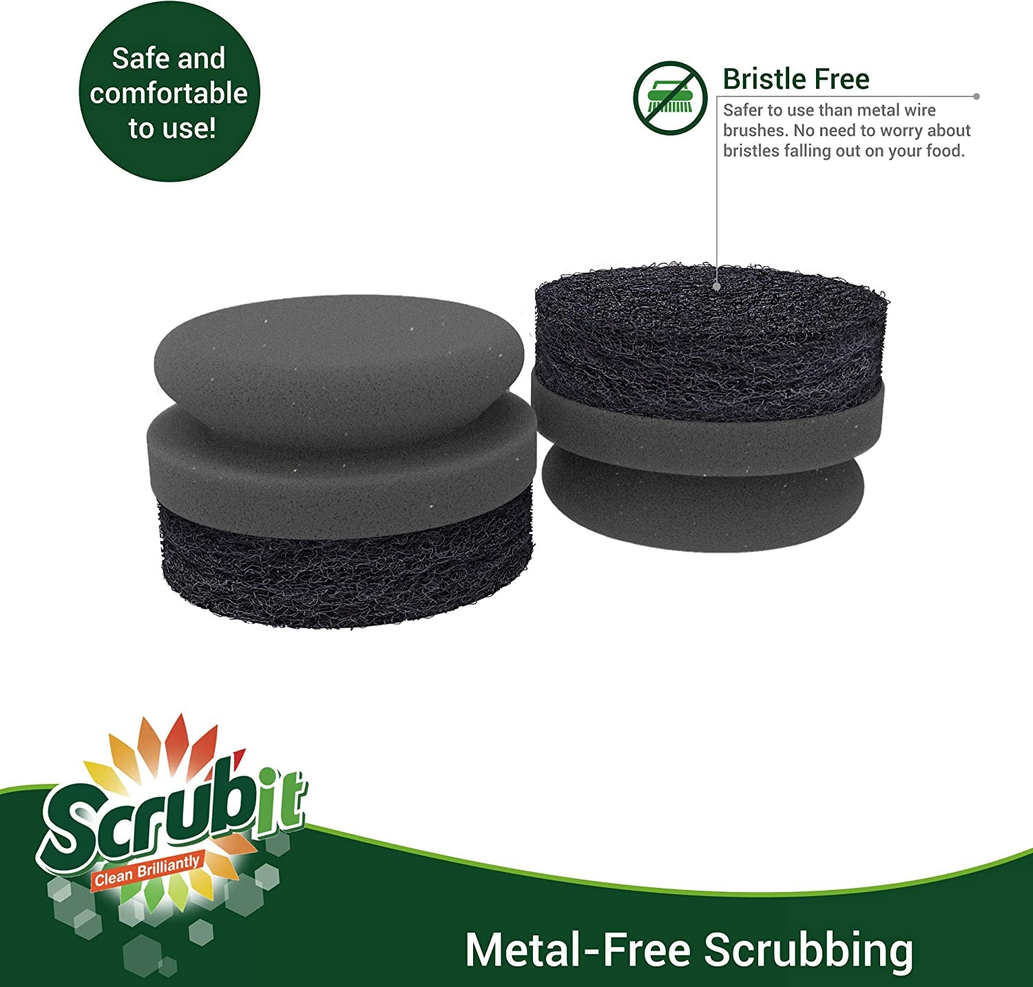 Grill Cleaning Brush - Bristle Free BBQ Cleaner with Heavy Duty Scrubber Pad, Safe Cast Iron and Griddle Scraper Pads, Ideal Accessories for Charcoal and Gas Grills - 2 Pack