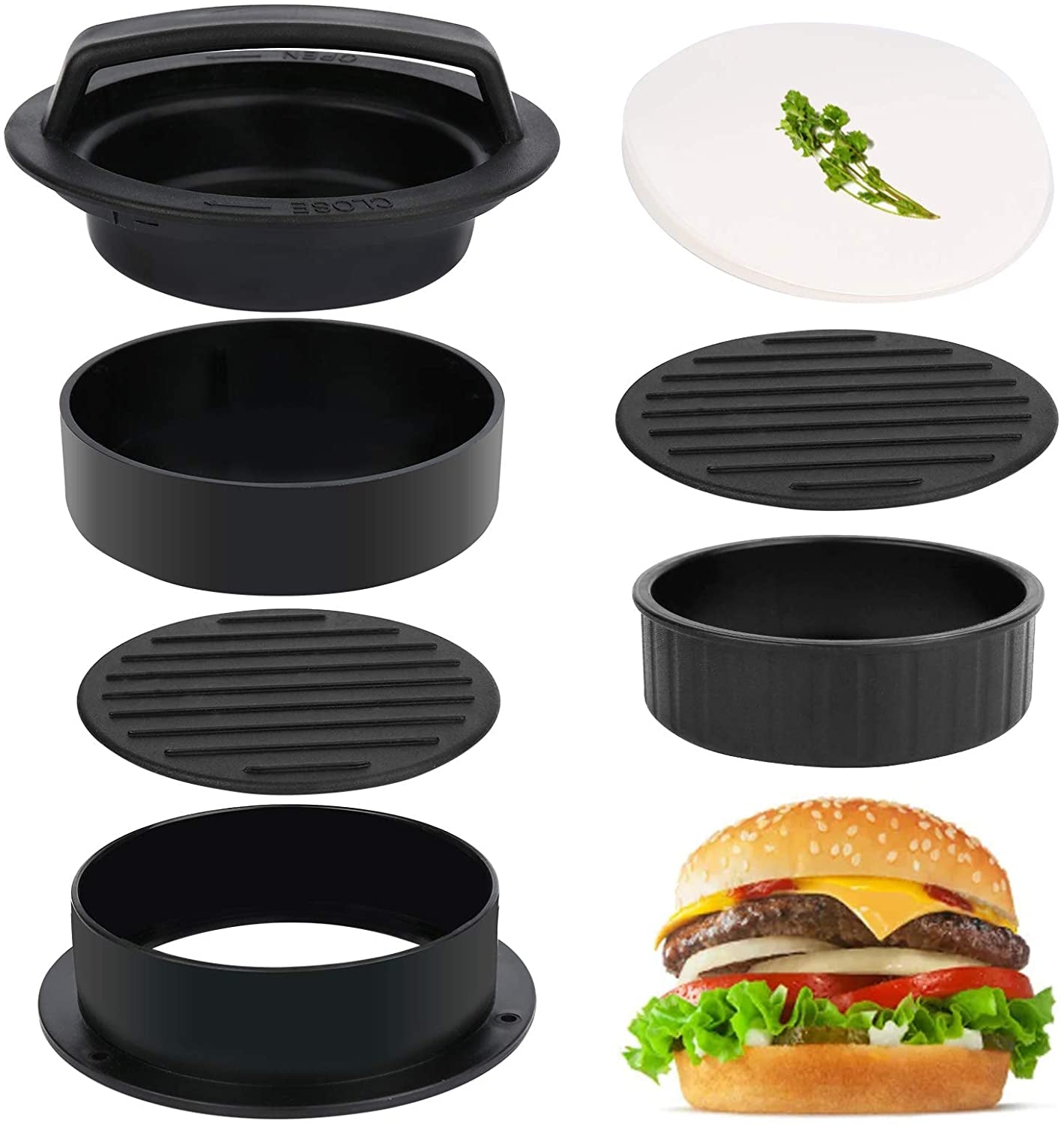 3 in 1 Stuffed Burger Press Patty Maker Rings Molds Kit, Non Stick Stuffer Hamburger Press Patty Maker - with 100 Pcs Wax Hamburger Patty Paper, Sausage Patty Press for Slider/Pattie/Grilling HAHAYOO