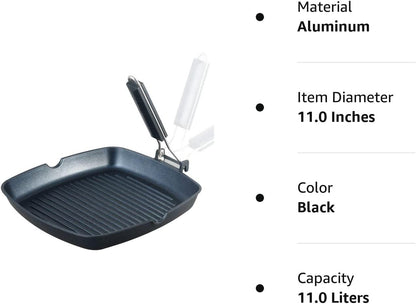Grill Pan with Folding Handle, Nonstick Grill Pan for Stove Tops, Induction Compatible KBBQ Grill Pan with Pour Spouts, Indoor Square BBQ Grilling Pan… (11 In)