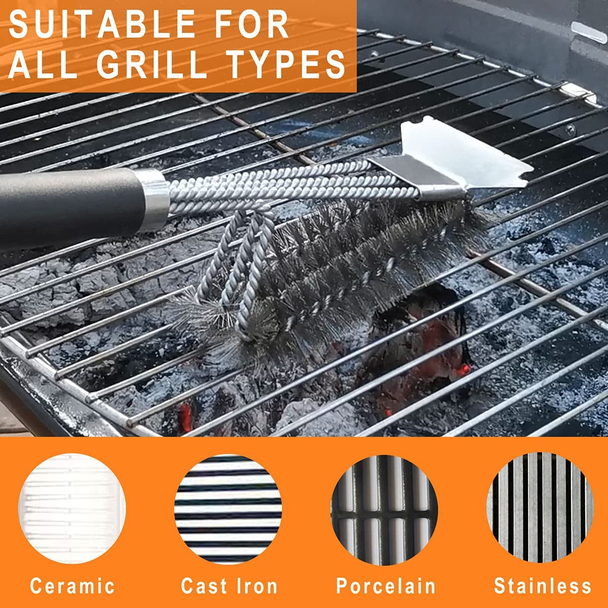 Safe Grill Brush and Scraper with Deluxe Handle - 18" Grill Cleaner Brush Stainless Steel Bristle Grill Brush for Outdoor Grill Wizard Grate - BBQ Brush for Grill Cleaning Ideal Grilling Gifts
