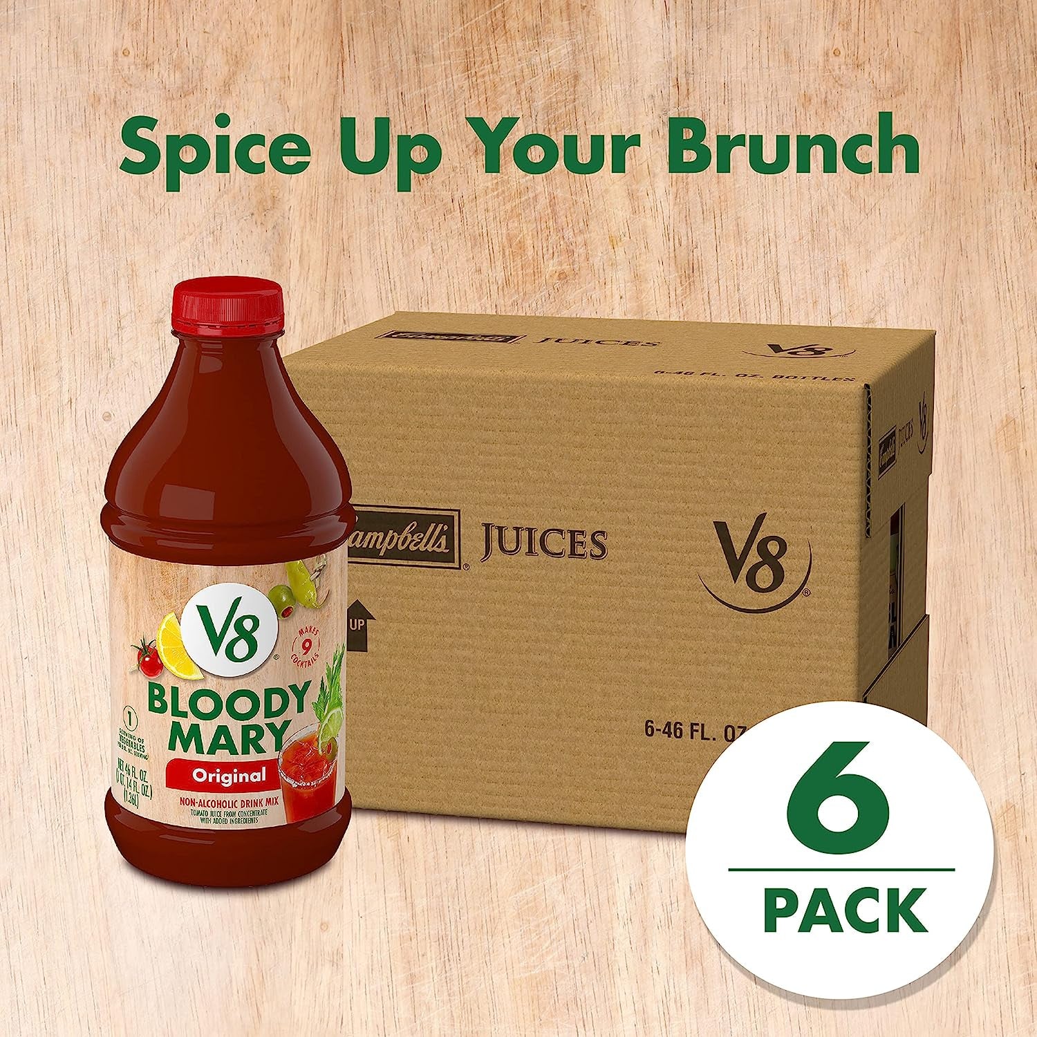 V8 Bloody Mary Mix, Vegetable Juice for Bloody Mary Cocktails, 46 FL OZ Bottle (Pack of 6)