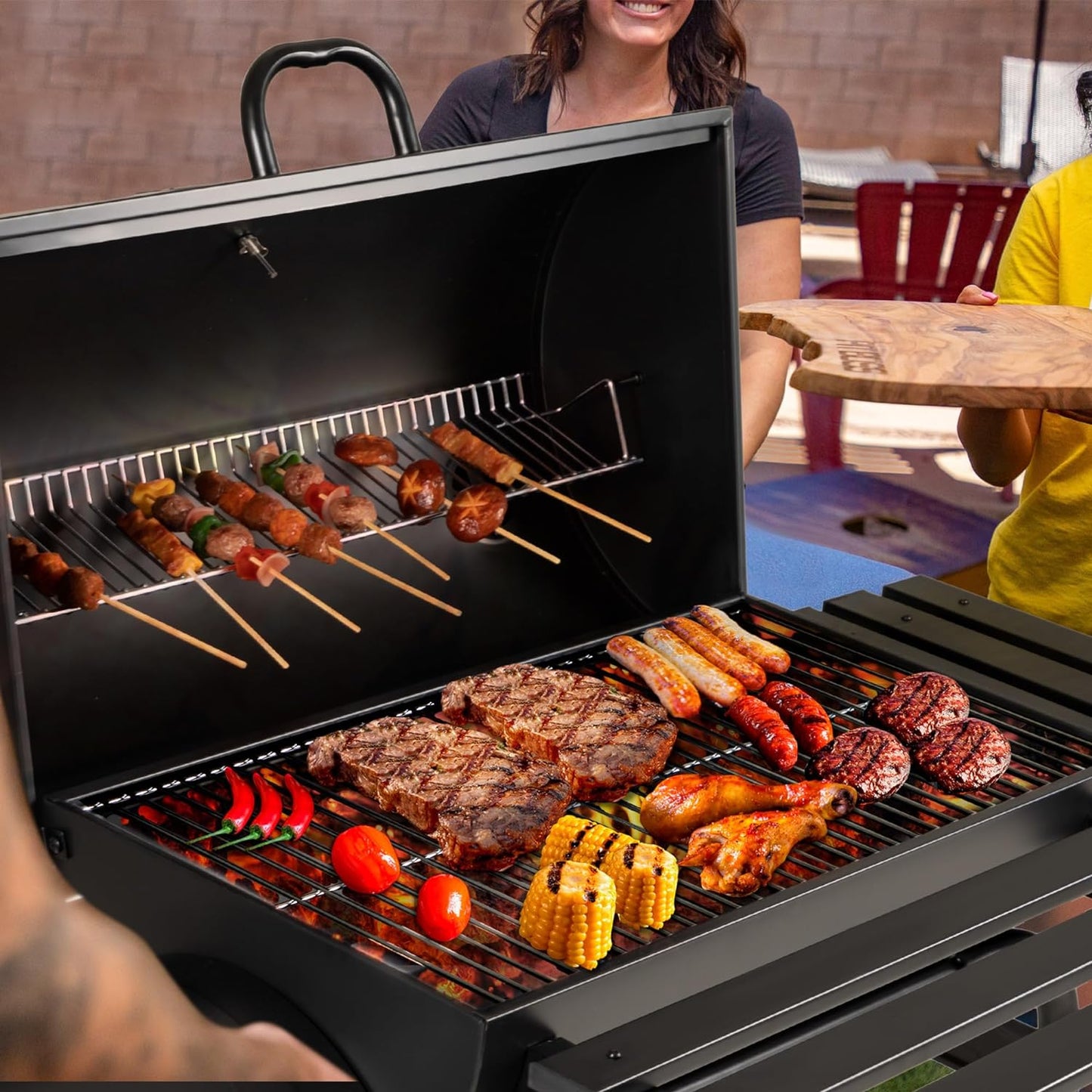 Flamaker Charcoal Grill Outdoor BBQ Grill with Side Oven & Thermometer Barbecue Grill Offset Smoker with Ash Catcher & Cover for Camping Picnics