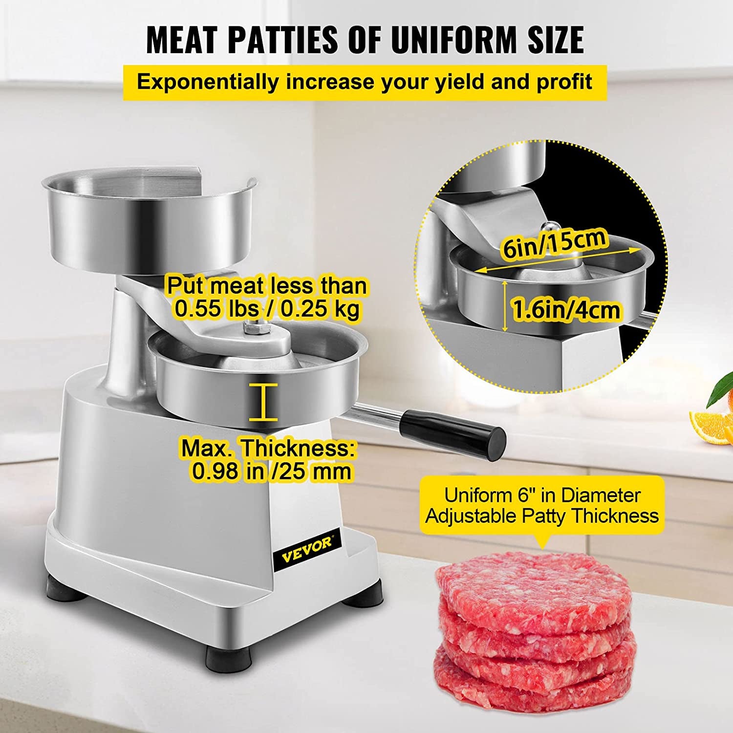 VBENLEM Commercial Hamburger Patty Maker 150Mm/6Inch Stainless Steel Burger Press Heavy Duty Hamburger Press Meat Patty Maker Hamburger Forming Processor with 1000 Pcs Patty Papers